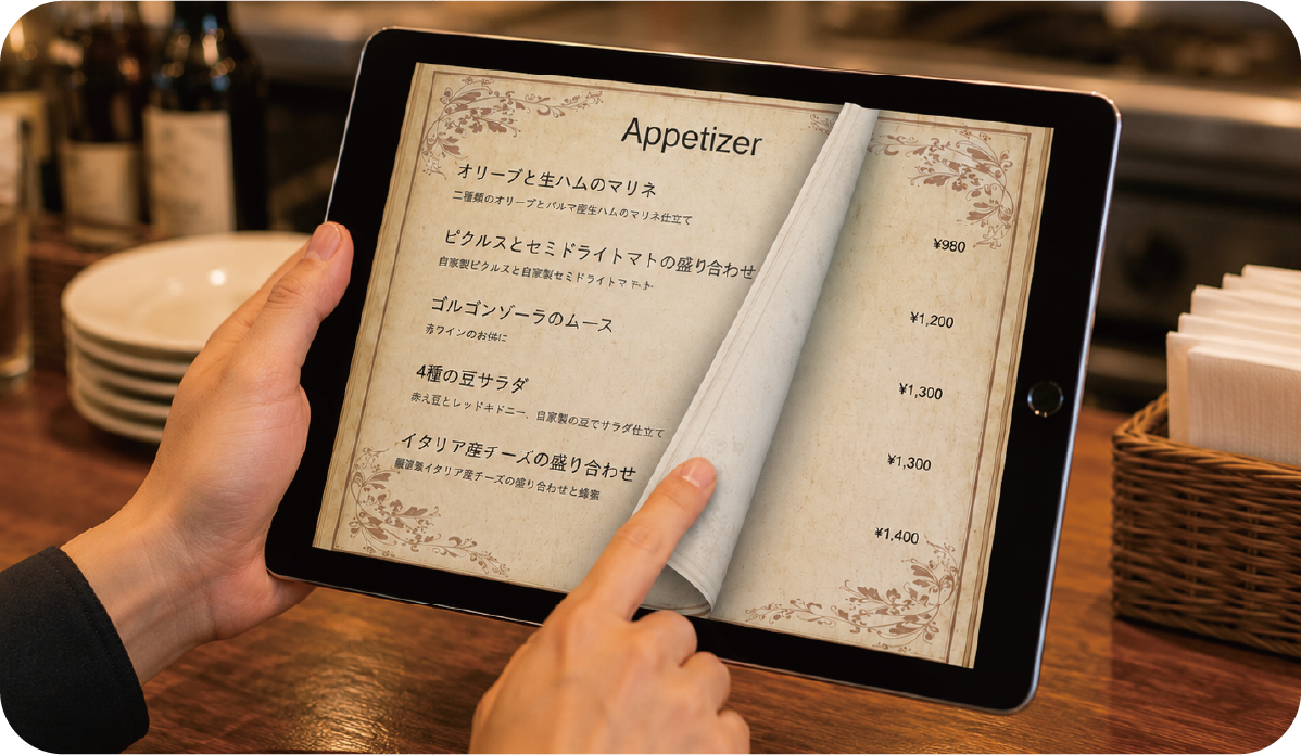 iPadで電子メニューを見ている様子