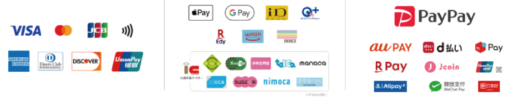 Visa、Mastercard、JCB、Apple Pay、Google Pay、交通系IC、PayPay、au PAY、d払い、楽天ペイなどの決済ブランド
